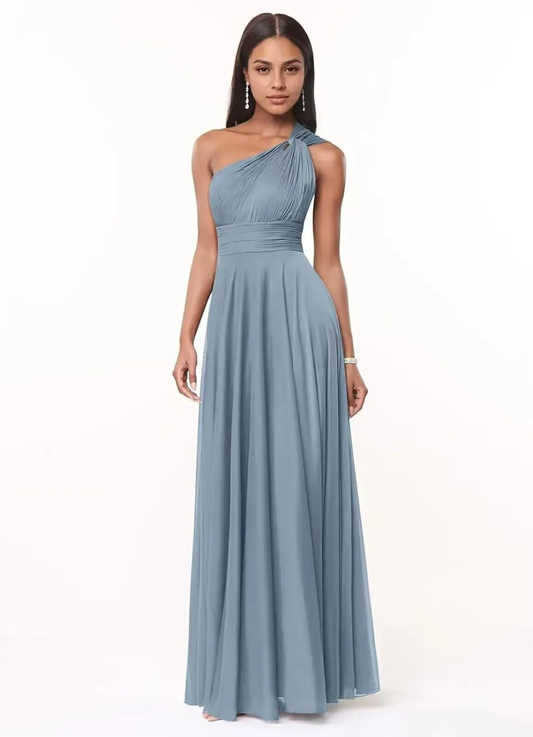 One Shoulder Bridesmaid Dresses for Women Pleated Chiffon Formal Dresses A-Line Long Evening Gowns with Pockets