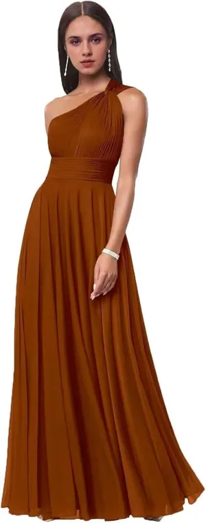 One Shoulder Bridesmaid Dresses for Women Pleated Chiffon Formal Dresses A-Line Long Evening Gowns with Pockets