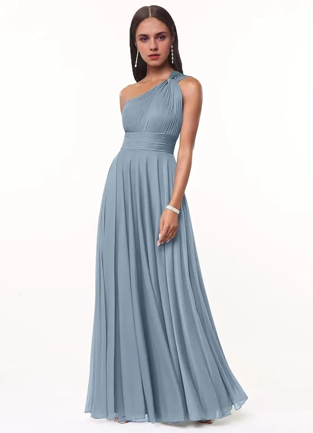 One Shoulder Bridesmaid Dresses for Women Pleated Chiffon Formal Dresses A-Line Long Evening Gowns with Pockets