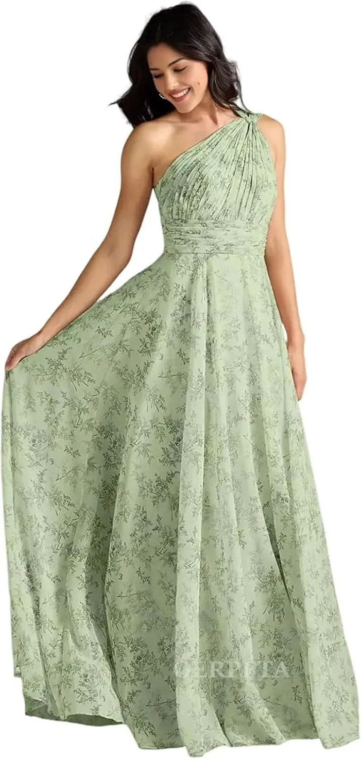 One Shoulder Bridesmaid Dresses for Women Pleated Chiffon Formal Dresses A-Line Long Evening Gowns with Pockets