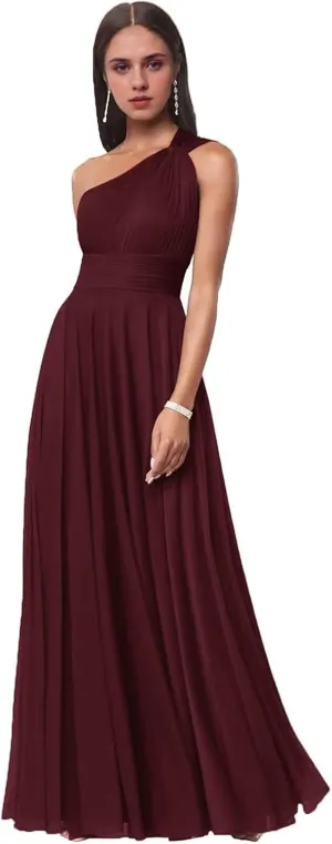 One Shoulder Bridesmaid Dresses for Women Pleated Chiffon Formal Dresses A-Line Long Evening Gowns with Pockets