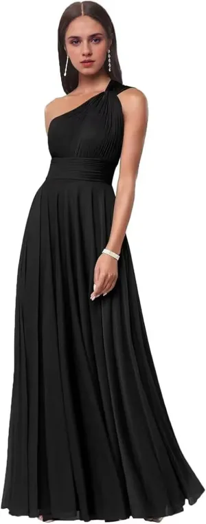 One Shoulder Bridesmaid Dresses for Women Pleated Chiffon Formal Dresses A-Line Long Evening Gowns with Pockets