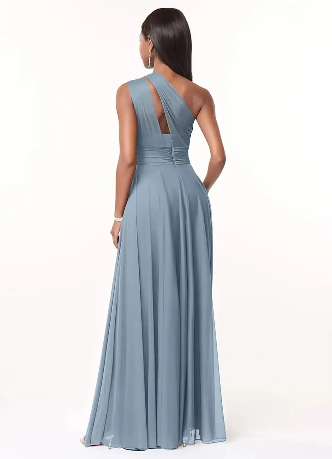 One Shoulder Bridesmaid Dresses for Women Pleated Chiffon Formal Dresses A-Line Long Evening Gowns with Pockets