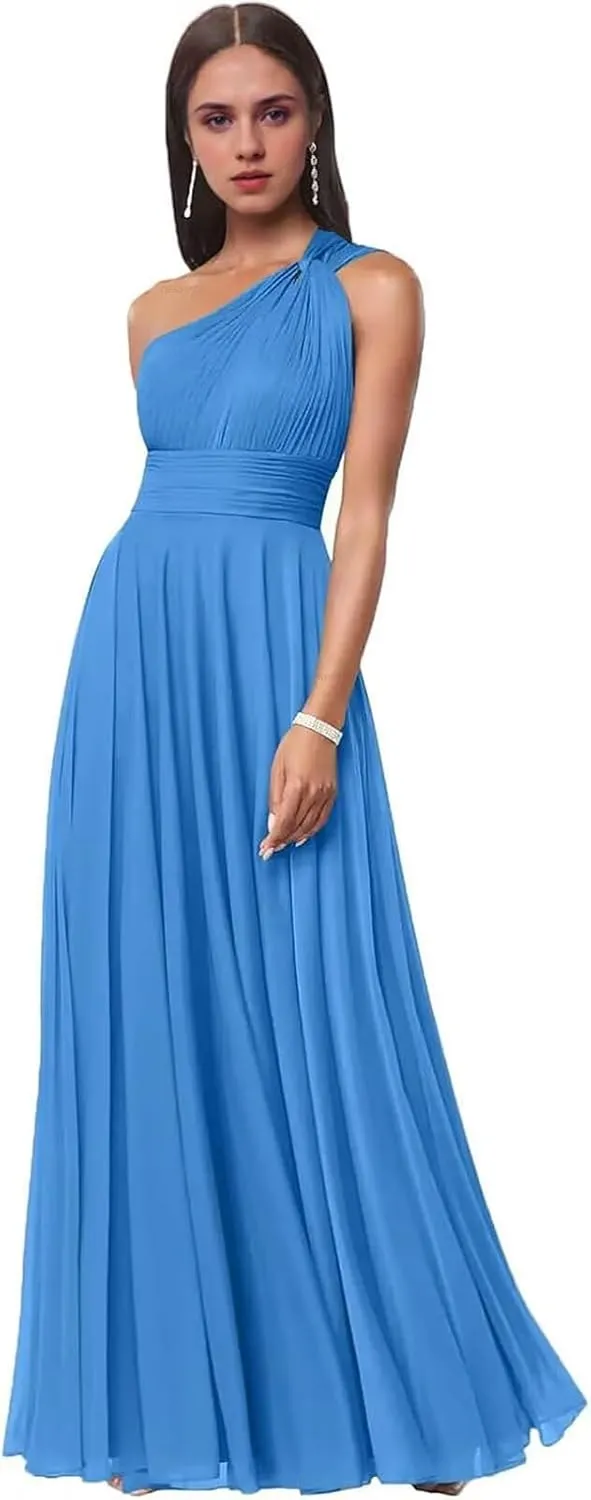 One Shoulder Bridesmaid Dresses for Women Pleated Chiffon Formal Dresses A-Line Long Evening Gowns with Pockets