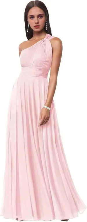 One Shoulder Bridesmaid Dresses for Women Pleated Chiffon Formal Dresses A-Line Long Evening Gowns with Pockets