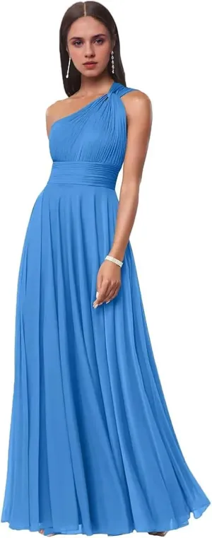 One Shoulder Bridesmaid Dresses for Women Pleated Chiffon Formal Dresses A-Line Long Evening Gowns with Pockets