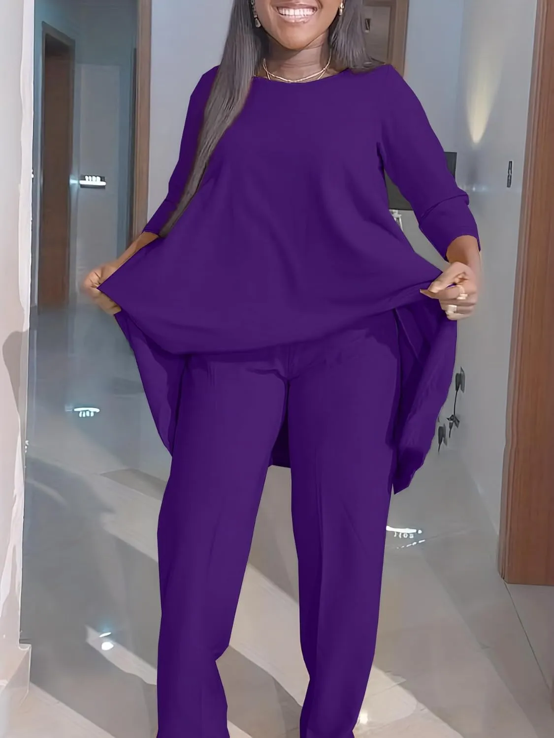 Plus Size 2 Piece Sets for Curvy Women Sexy Fall Long Sleeve Tops Wide Leg Pants Sets Sweatsuits Casual Tracksuits