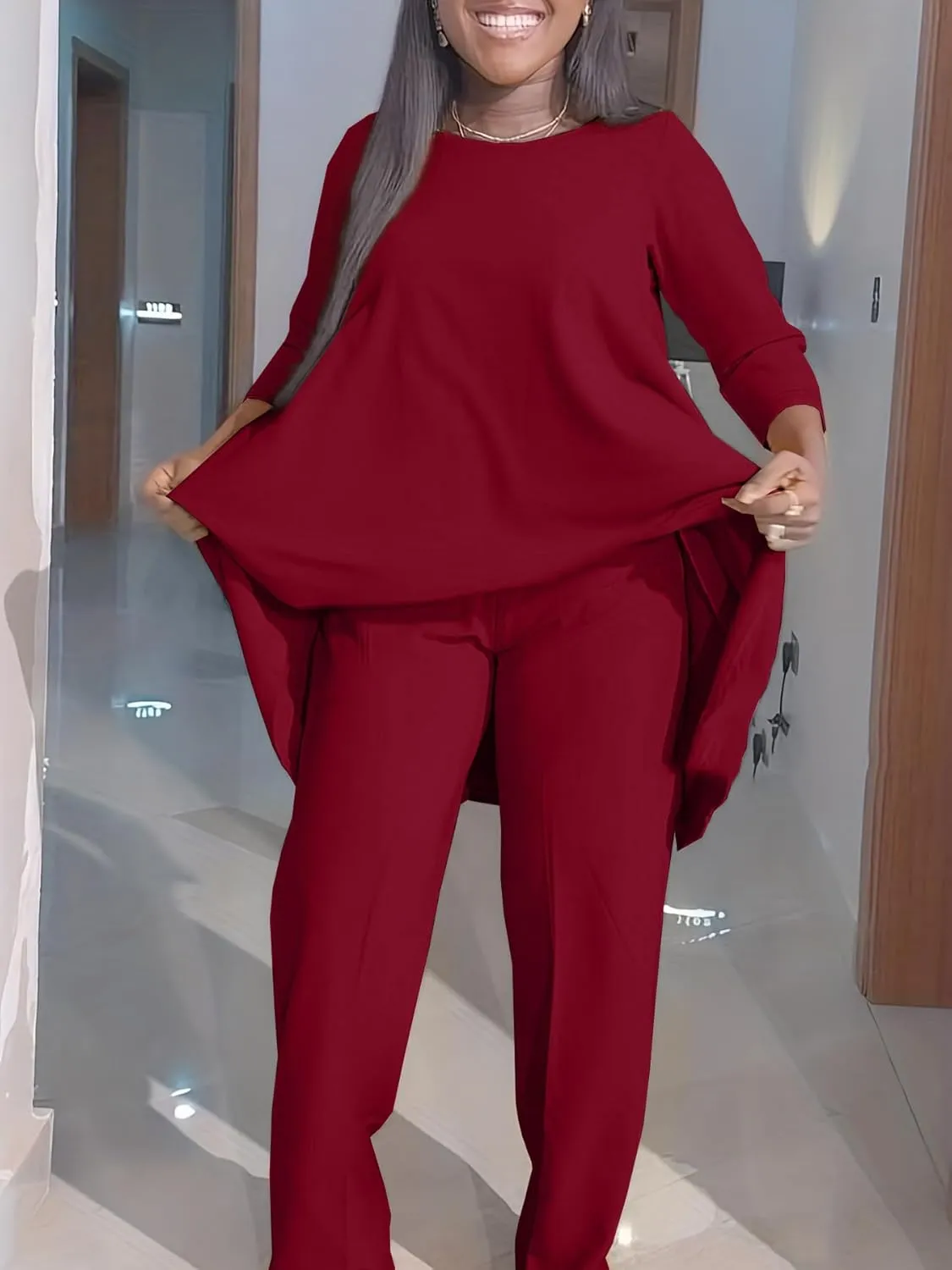 Plus Size 2 Piece Sets for Curvy Women Sexy Fall Long Sleeve Tops Wide Leg Pants Sets Sweatsuits Casual Tracksuits