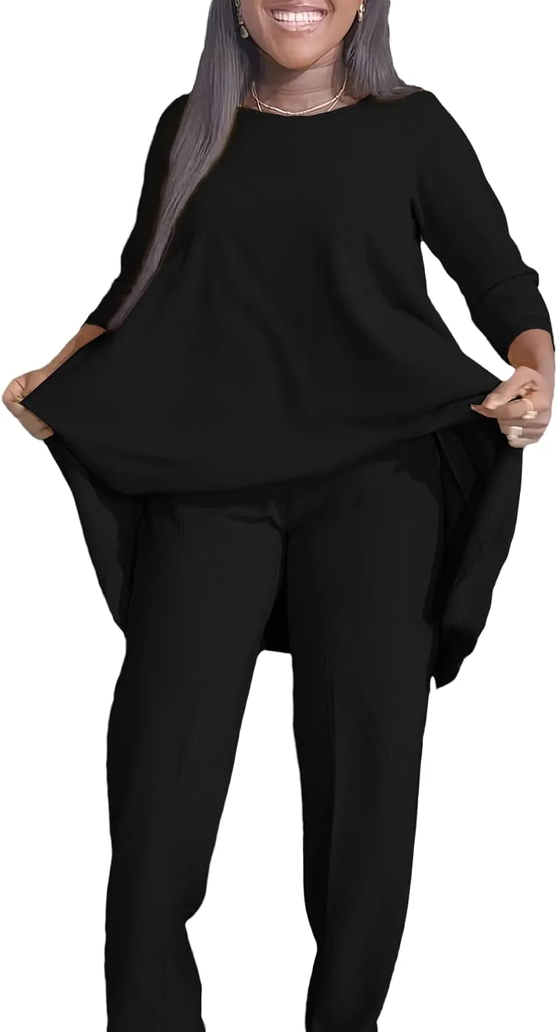 Plus Size 2 Piece Sets for Curvy Women Sexy Fall Long Sleeve Tops Wide Leg Pants Sets Sweatsuits Casual Tracksuits