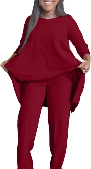 Plus Size 2 Piece Sets for Curvy Women Sexy Fall Long Sleeve Tops Wide Leg Pants Sets Sweatsuits Casual Tracksuits