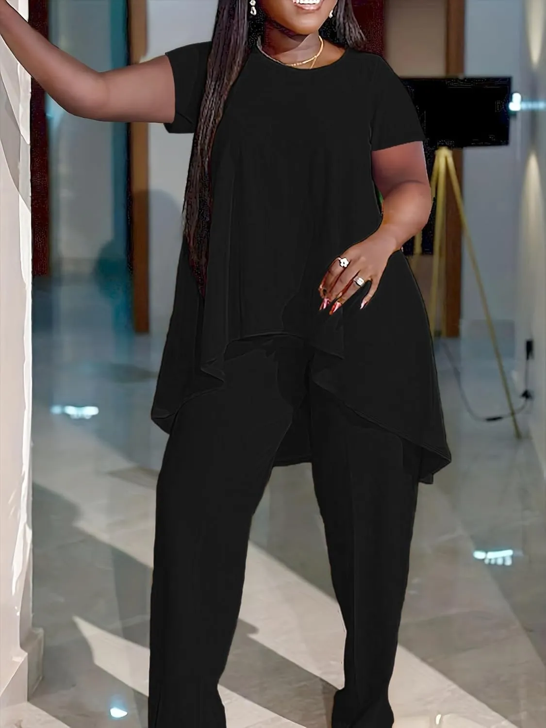 Plus Size 2 Piece Sets for Curvy Women Sexy Fall Long Sleeve Tops Wide Leg Pants Sets Sweatsuits Casual Tracksuits