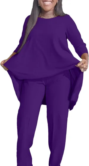 Plus Size 2 Piece Sets for Curvy Women Sexy Fall Long Sleeve Tops Wide Leg Pants Sets Sweatsuits Casual Tracksuits