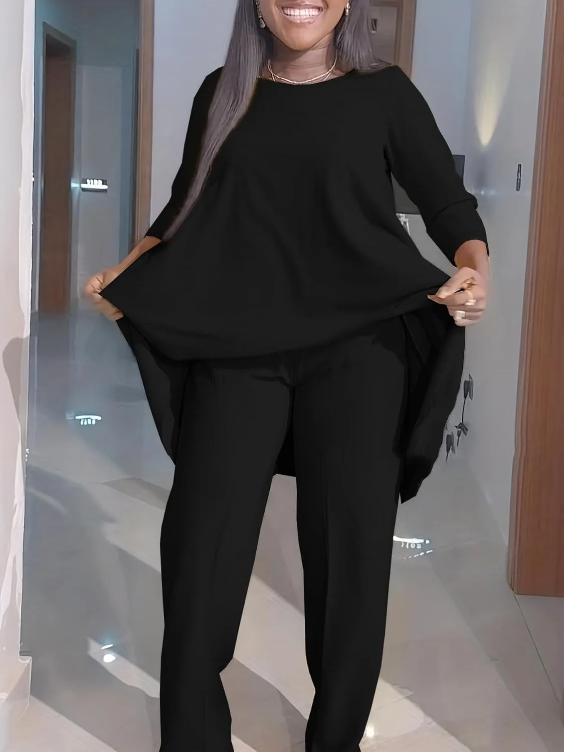 Plus Size 2 Piece Sets for Curvy Women Sexy Fall Long Sleeve Tops Wide Leg Pants Sets Sweatsuits Casual Tracksuits