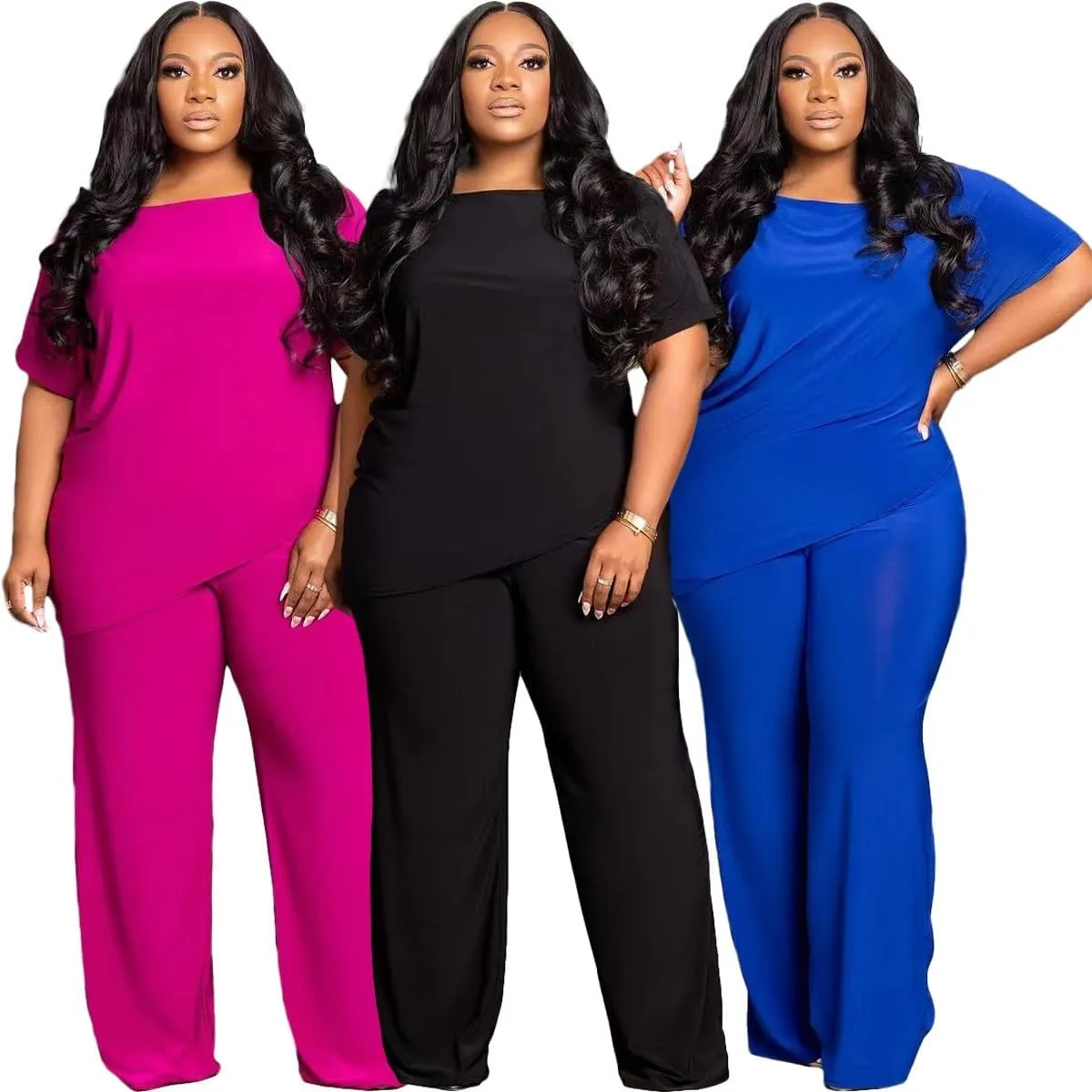 Plus Size 2 Piece Sets for Curvy Women Sexy Fall Short Sleeve Tops Wide Leg Casual Pants Sets Sweatsuits