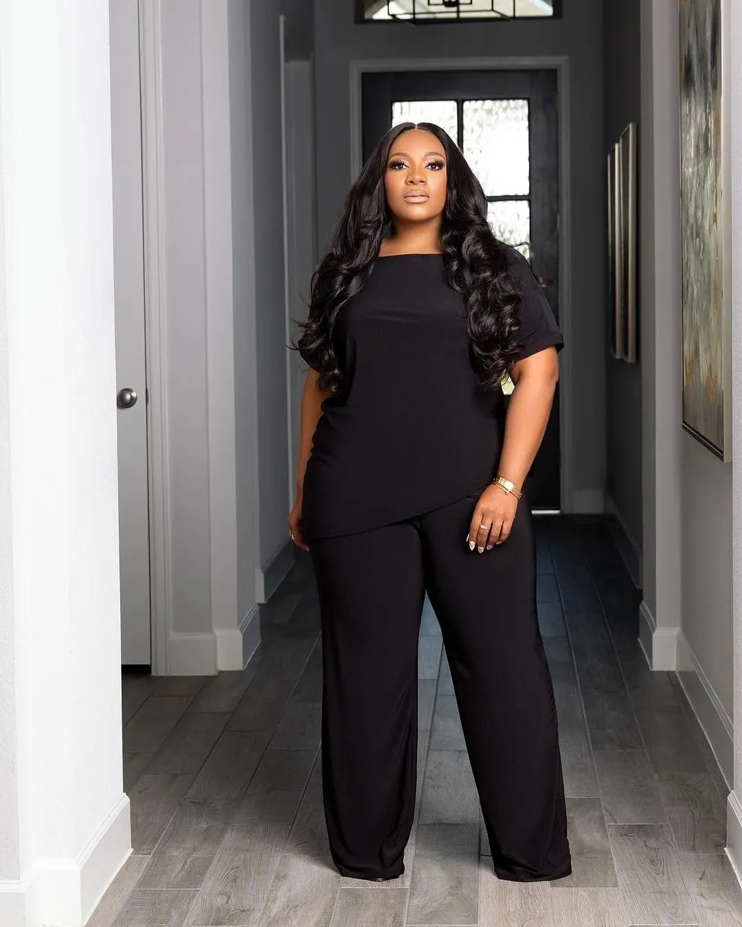 Plus Size 2 Piece Sets for Curvy Women Sexy Fall Short Sleeve Tops Wide Leg Casual Pants Sets Sweatsuits