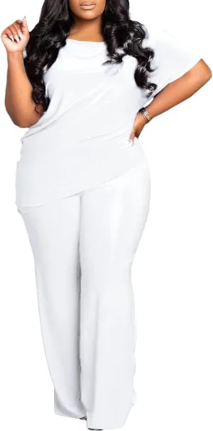 Plus Size 2 Piece Sets for Curvy Women Sexy Fall Short Sleeve Tops Wide Leg Casual Pants Sets Sweatsuits