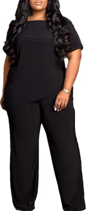 Plus Size 2 Piece Sets for Curvy Women Sexy Fall Short Sleeve Tops Wide Leg Casual Pants Sets Sweatsuits