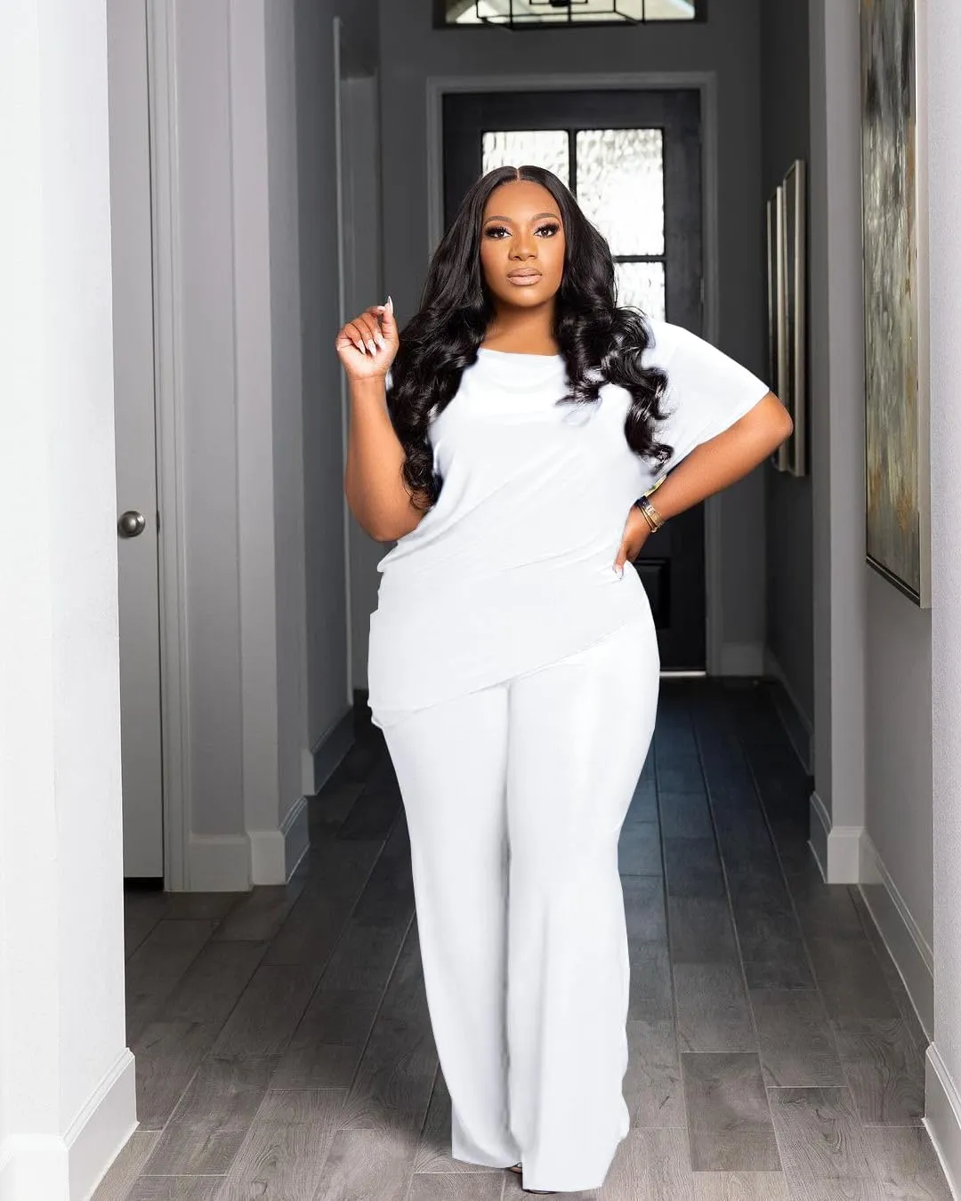 Plus Size 2 Piece Sets for Curvy Women Sexy Fall Short Sleeve Tops Wide Leg Casual Pants Sets Sweatsuits