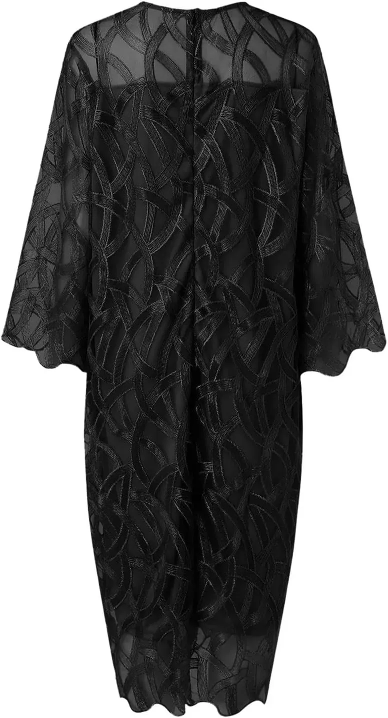 Plus Size Women's Summer Dress Lace Mesh Patchwork Elegant Party Midi Dress Loose 3/4 Sleeve Women's Evening Gown-Gray-XXXL