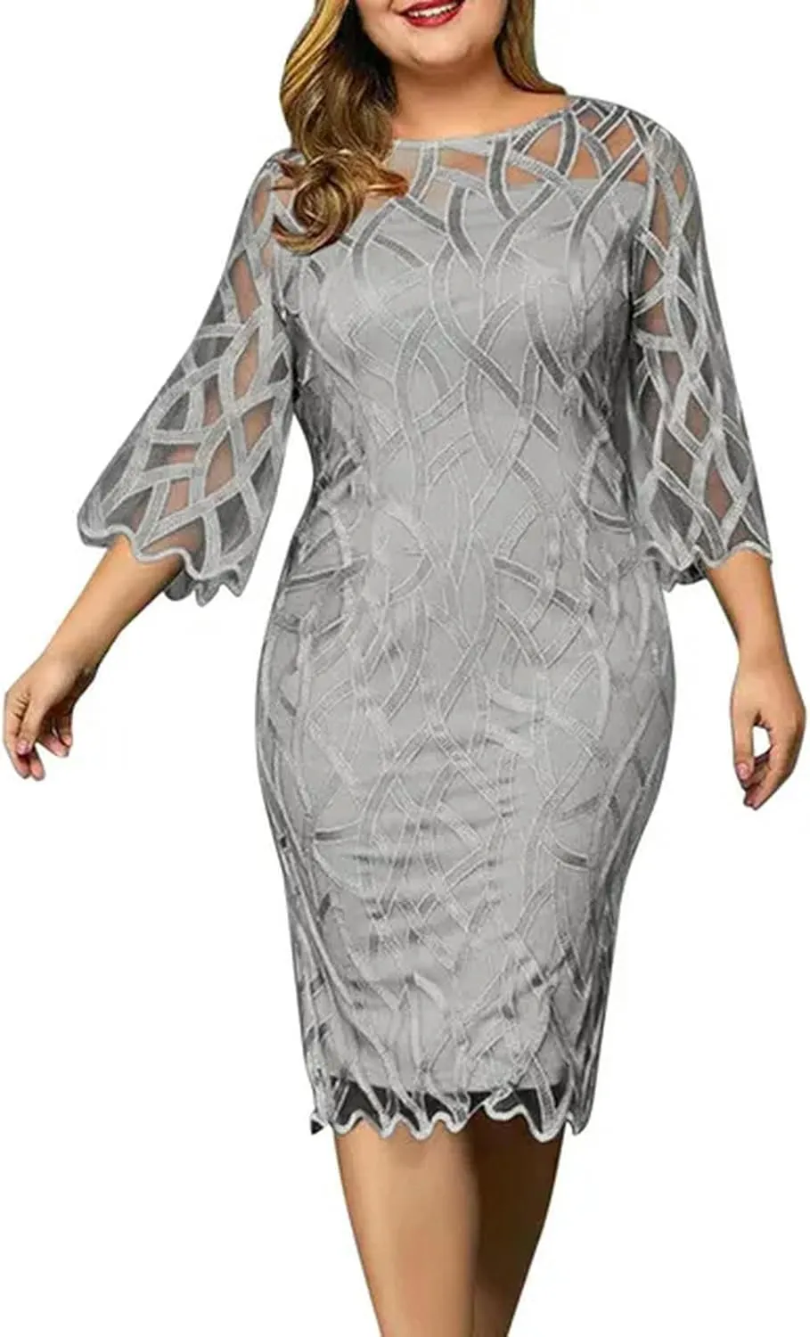 Plus Size Women's Summer Dress Lace Mesh Patchwork Elegant Party Midi Dress Loose 3/4 Sleeve Women's Evening Gown-Gray-XXXL
