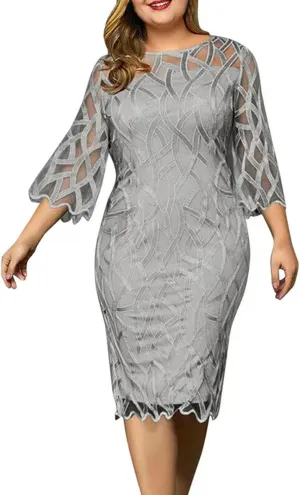 Plus Size Women's Summer Dress Lace Mesh Patchwork Elegant Party Midi Dress Loose 3/4 Sleeve Women's Evening Gown-Gray-XXXL