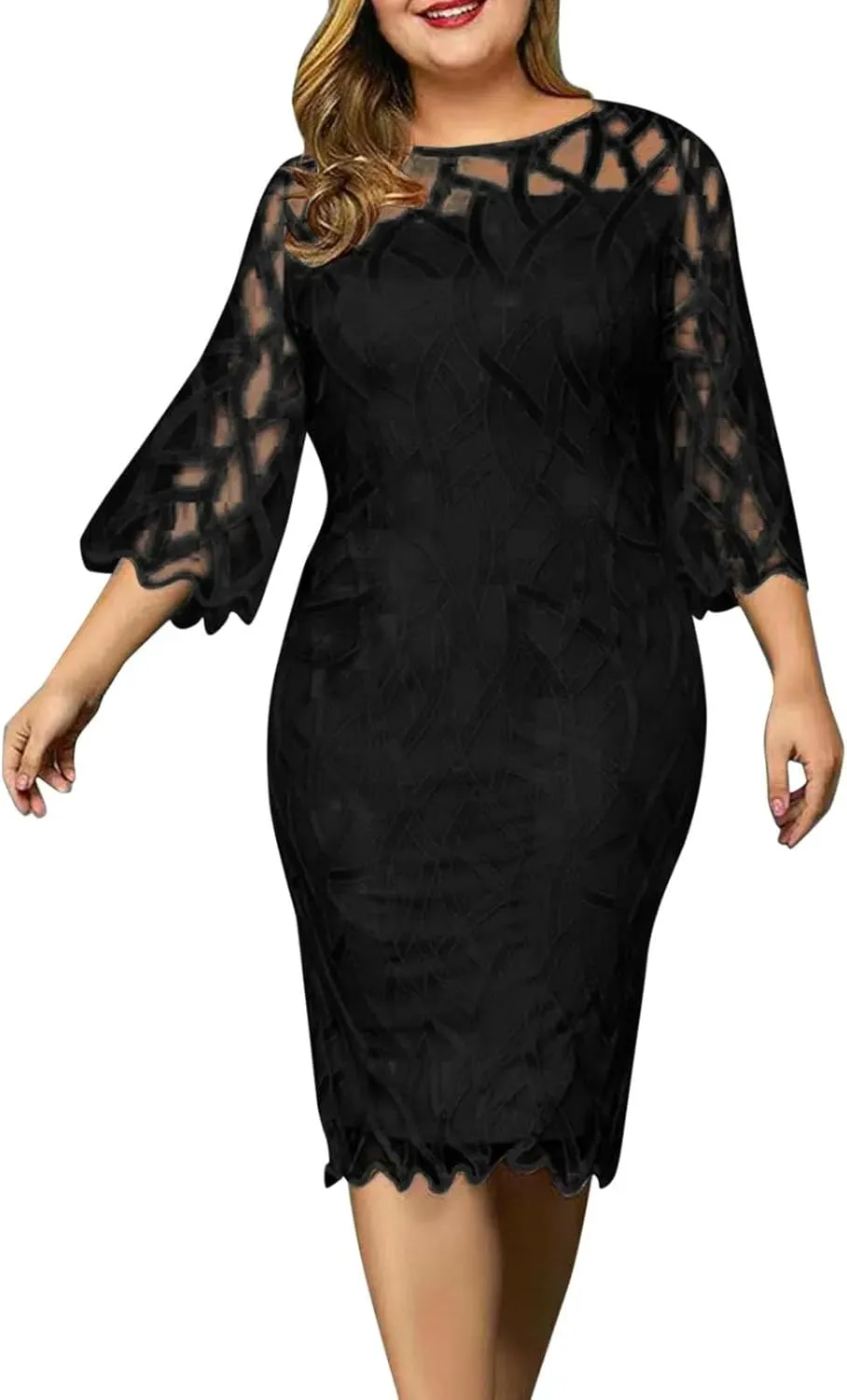 Plus Size Women's Summer Dress Lace Mesh Patchwork Elegant Party Midi Dress Loose 3/4 Sleeve Women's Evening Gown-Gray-XXXL