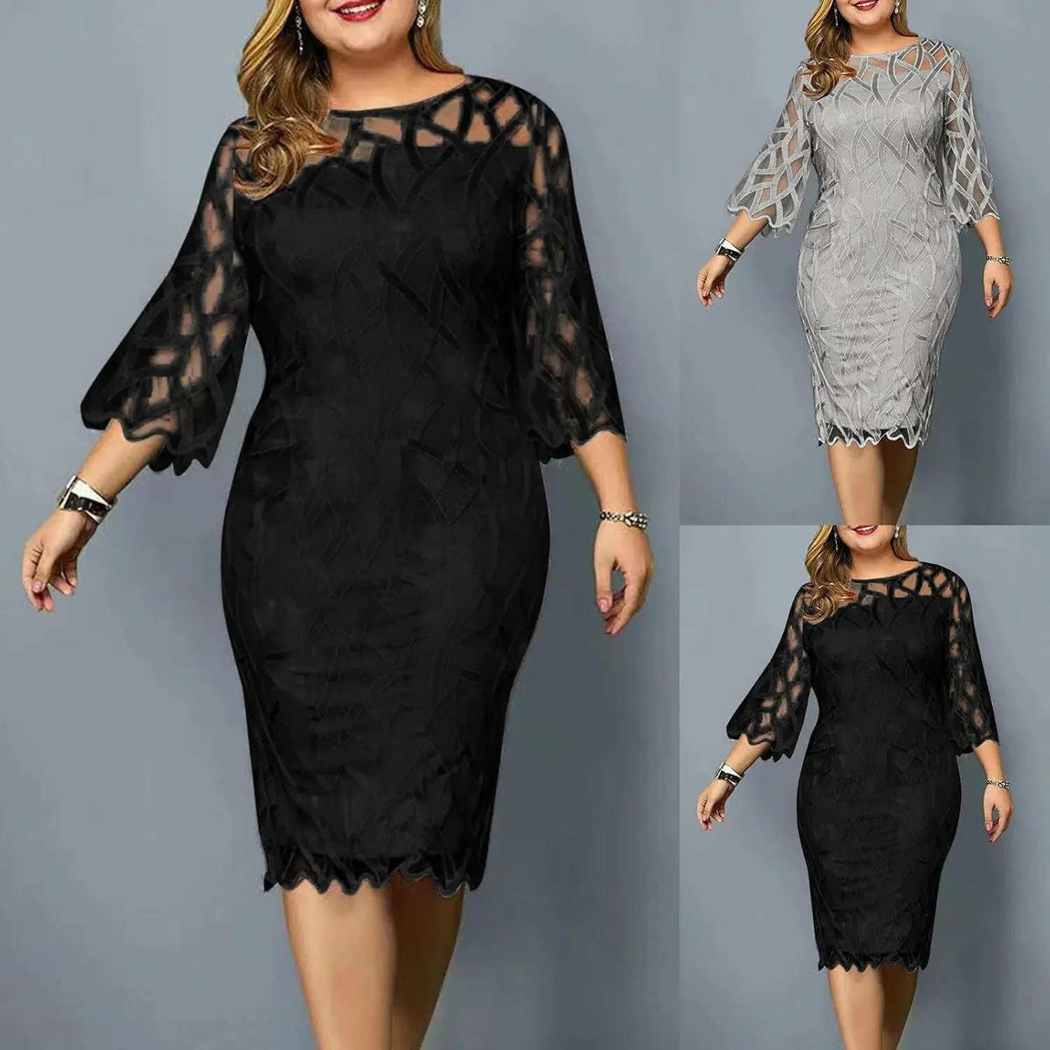 Plus Size Women's Summer Dress Lace Mesh Patchwork Elegant Party Midi Dress Loose 3/4 Sleeve Women's Evening Gown-Gray-XXXL