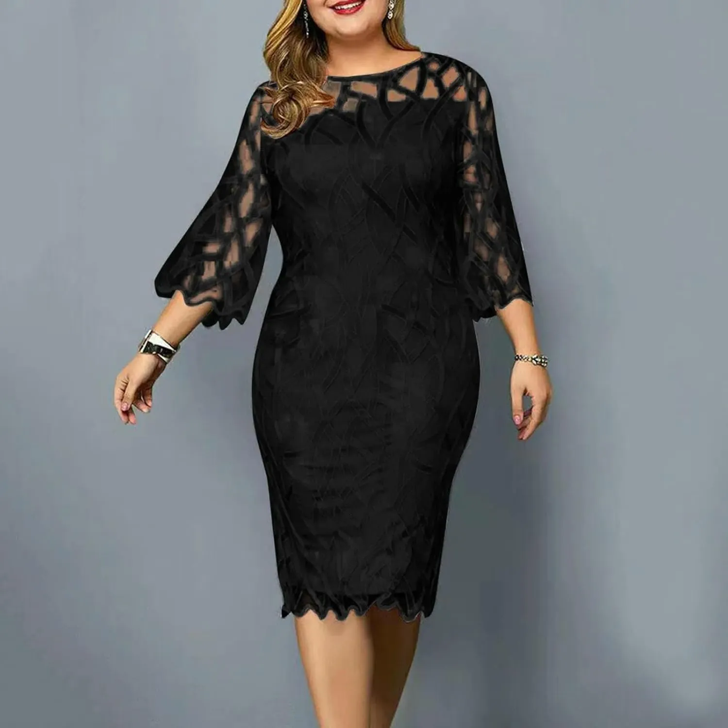 Plus Size Women's Summer Dress Lace Mesh Patchwork Elegant Party Midi Dress Loose 3/4 Sleeve Women's Evening Gown-Gray-XXXL