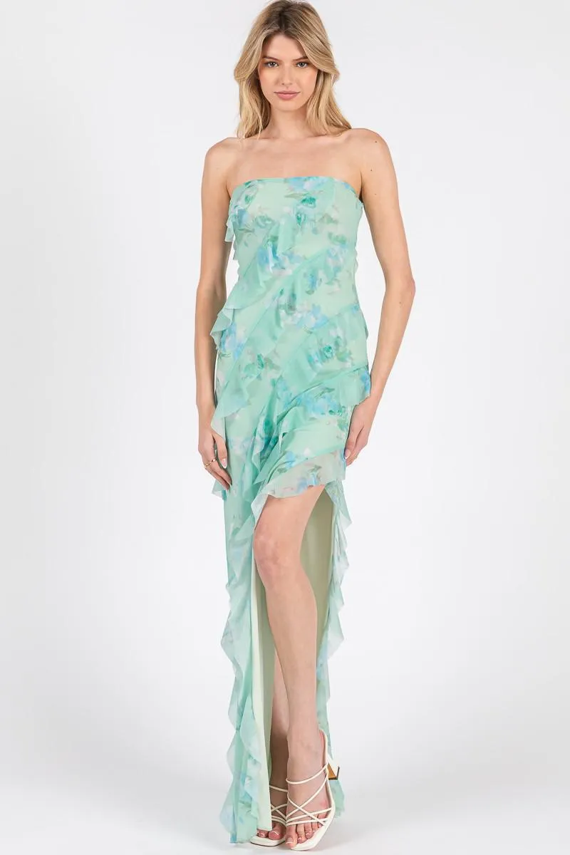 Power Mesh Ruffle Maxi Dress