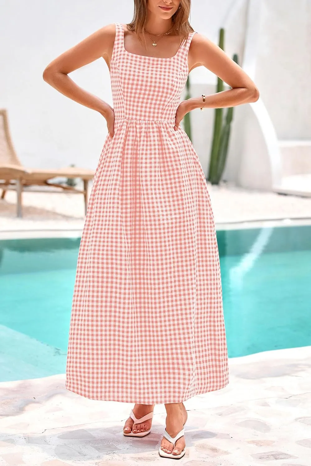 PRETTYGARDEN Women's 2025 Summer Spaghetti Strap Maxi Dresses Plaid Square Neck A Line Casual Beach Vacation Long Sundress
