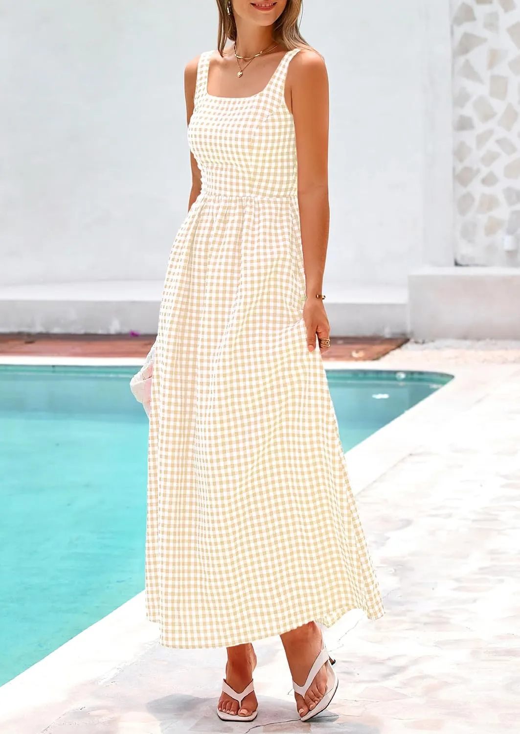PRETTYGARDEN Women's 2025 Summer Spaghetti Strap Maxi Dresses Plaid Square Neck A Line Casual Beach Vacation Long Sundress