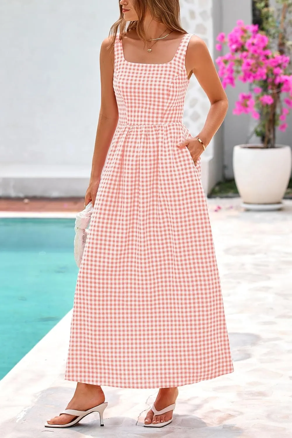 PRETTYGARDEN Women's 2025 Summer Spaghetti Strap Maxi Dresses Plaid Square Neck A Line Casual Beach Vacation Long Sundress