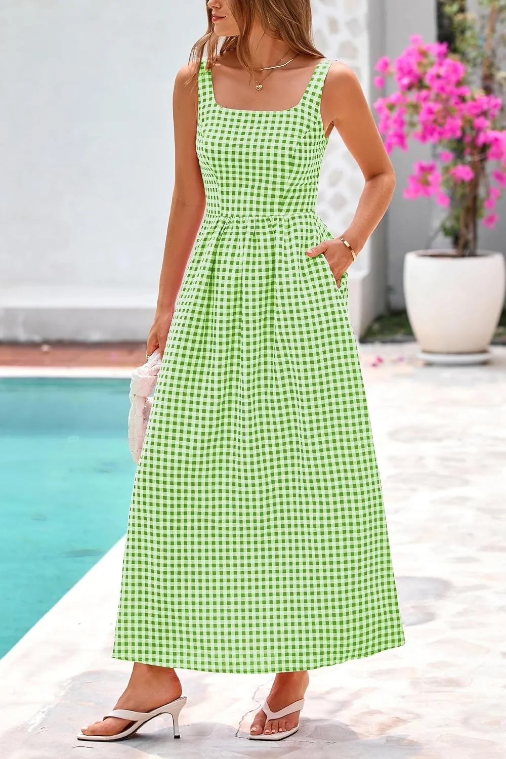 PRETTYGARDEN Women's 2025 Summer Spaghetti Strap Maxi Dresses Plaid Square Neck A Line Casual Beach Vacation Long Sundress