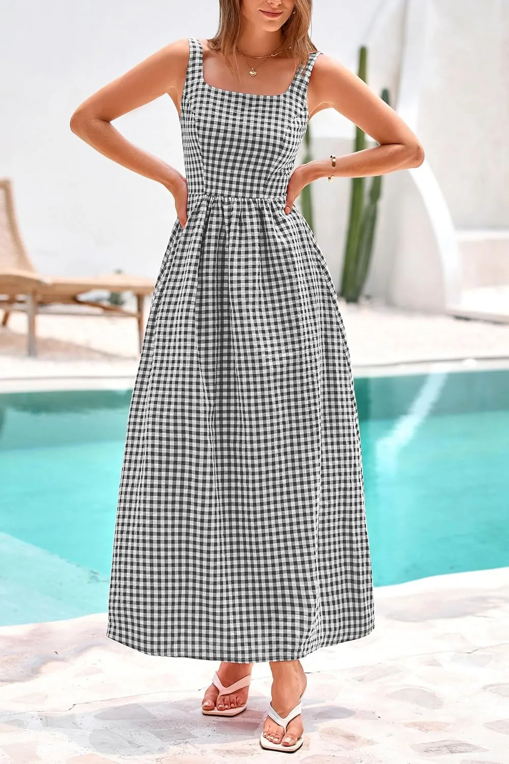 PRETTYGARDEN Women's 2025 Summer Spaghetti Strap Maxi Dresses Plaid Square Neck A Line Casual Beach Vacation Long Sundress
