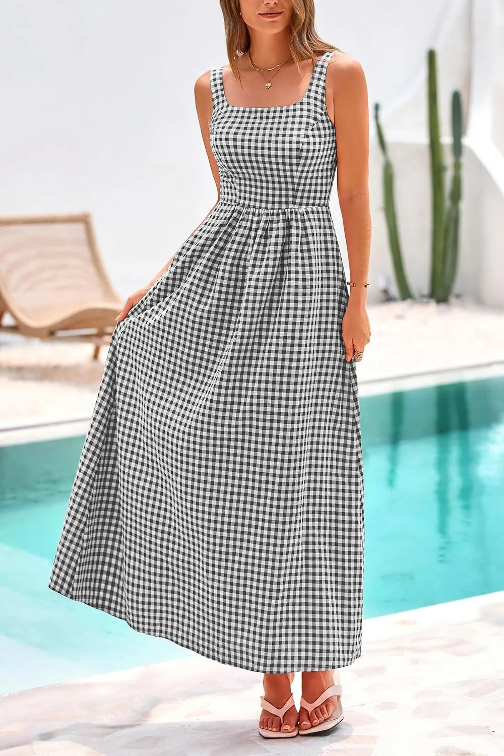 PRETTYGARDEN Women's 2025 Summer Spaghetti Strap Maxi Dresses Plaid Square Neck A Line Casual Beach Vacation Long Sundress