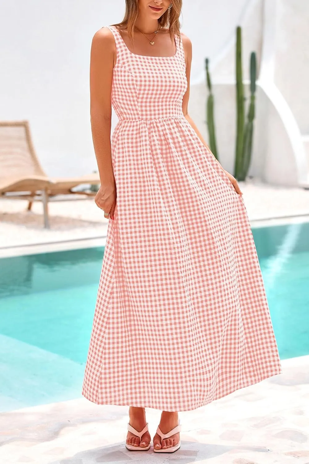 PRETTYGARDEN Women's 2025 Summer Spaghetti Strap Maxi Dresses Plaid Square Neck A Line Casual Beach Vacation Long Sundress