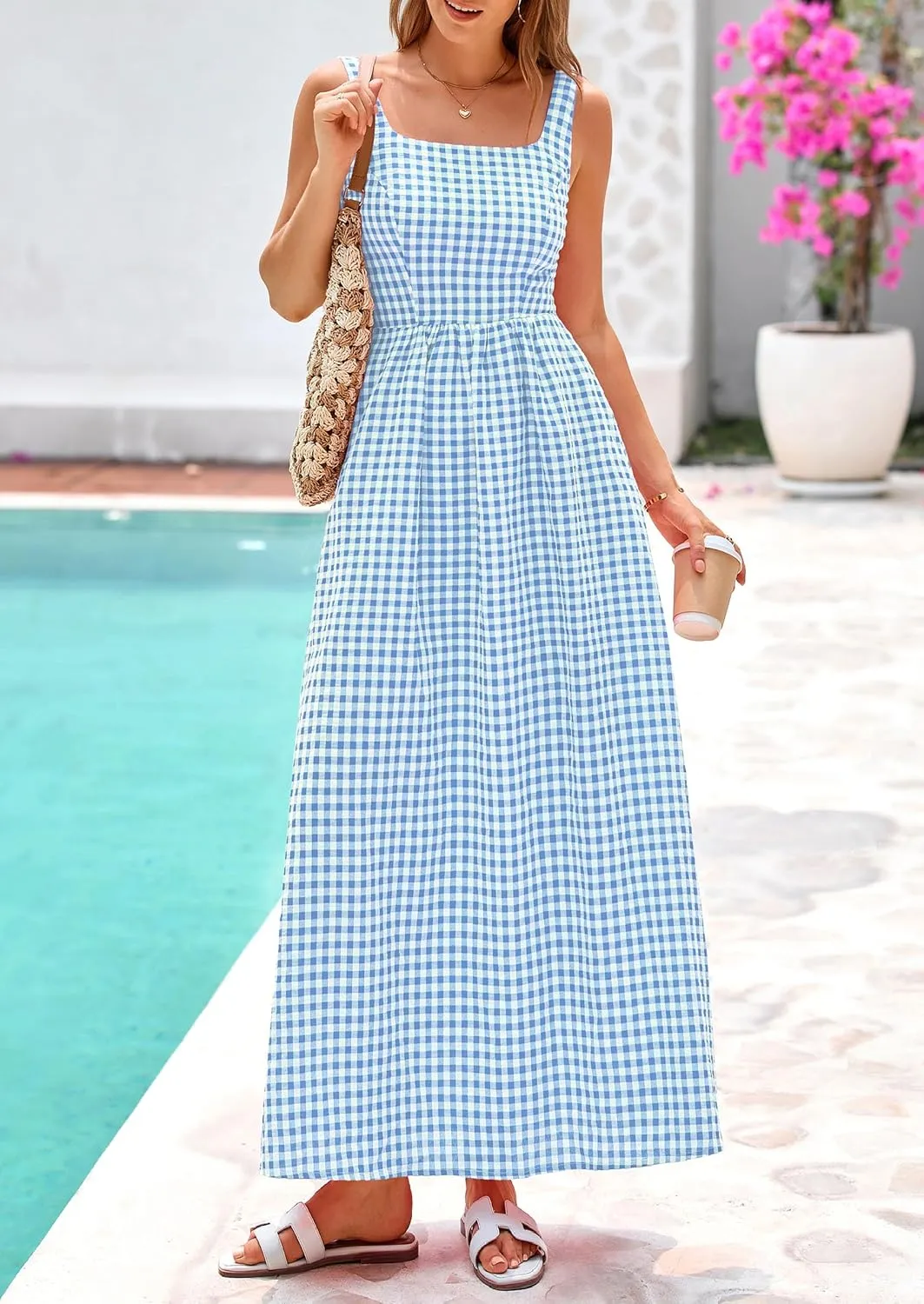 PRETTYGARDEN Women's 2025 Summer Spaghetti Strap Maxi Dresses Plaid Square Neck A Line Casual Beach Vacation Long Sundress