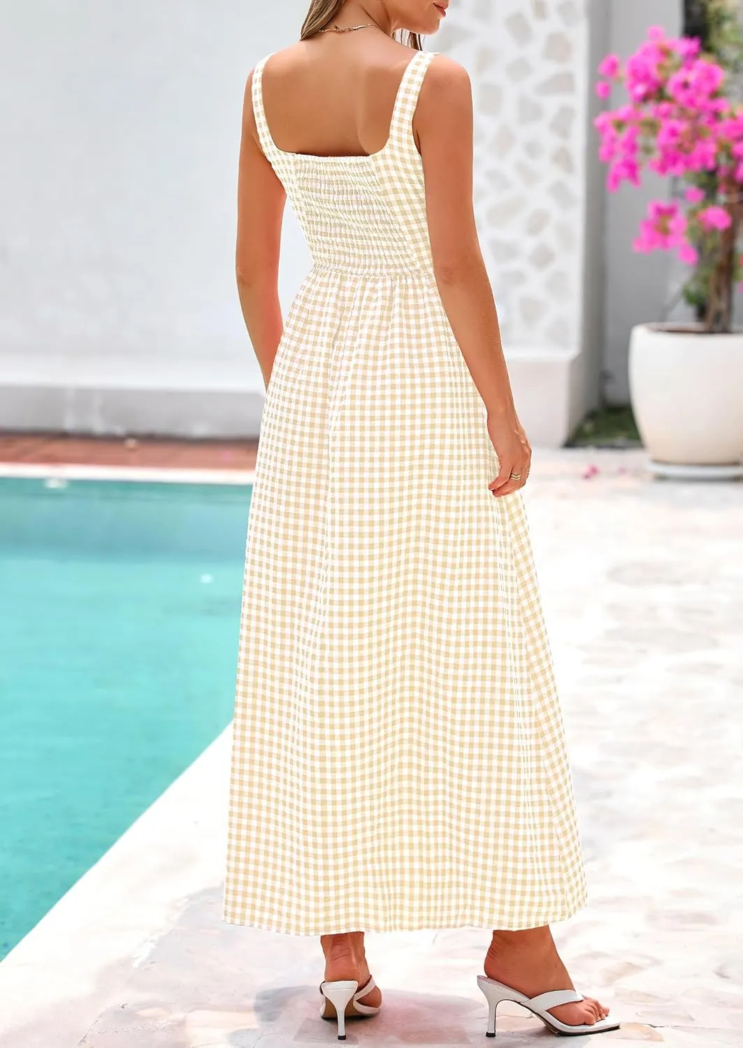 PRETTYGARDEN Women's 2025 Summer Spaghetti Strap Maxi Dresses Plaid Square Neck A Line Casual Beach Vacation Long Sundress