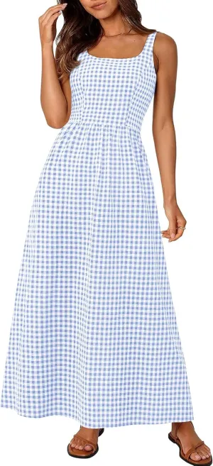 PRETTYGARDEN Women's 2025 Summer Spaghetti Strap Maxi Dresses Plaid Square Neck A Line Casual Beach Vacation Long Sundress