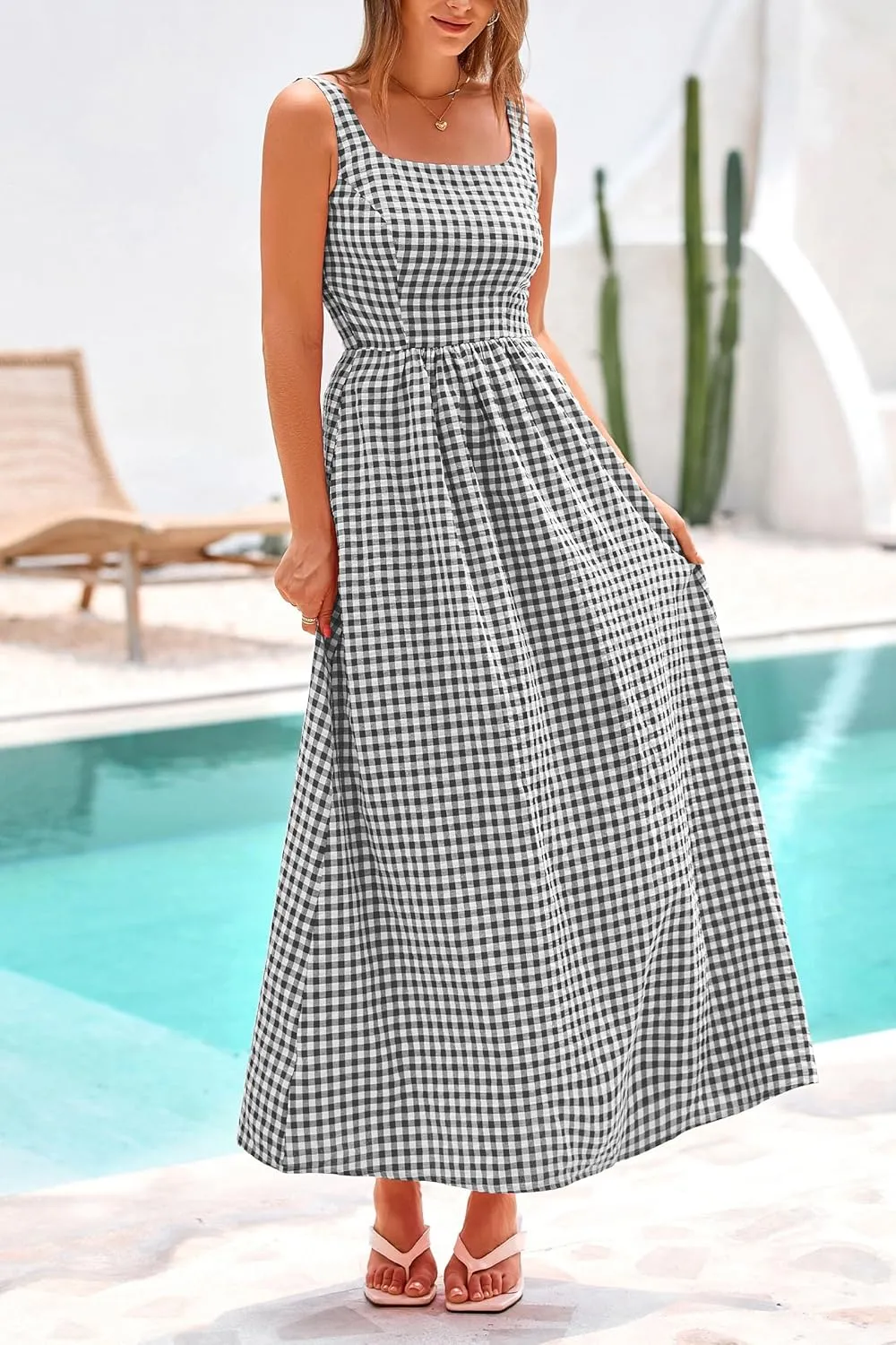 PRETTYGARDEN Women's 2025 Summer Spaghetti Strap Maxi Dresses Plaid Square Neck A Line Casual Beach Vacation Long Sundress