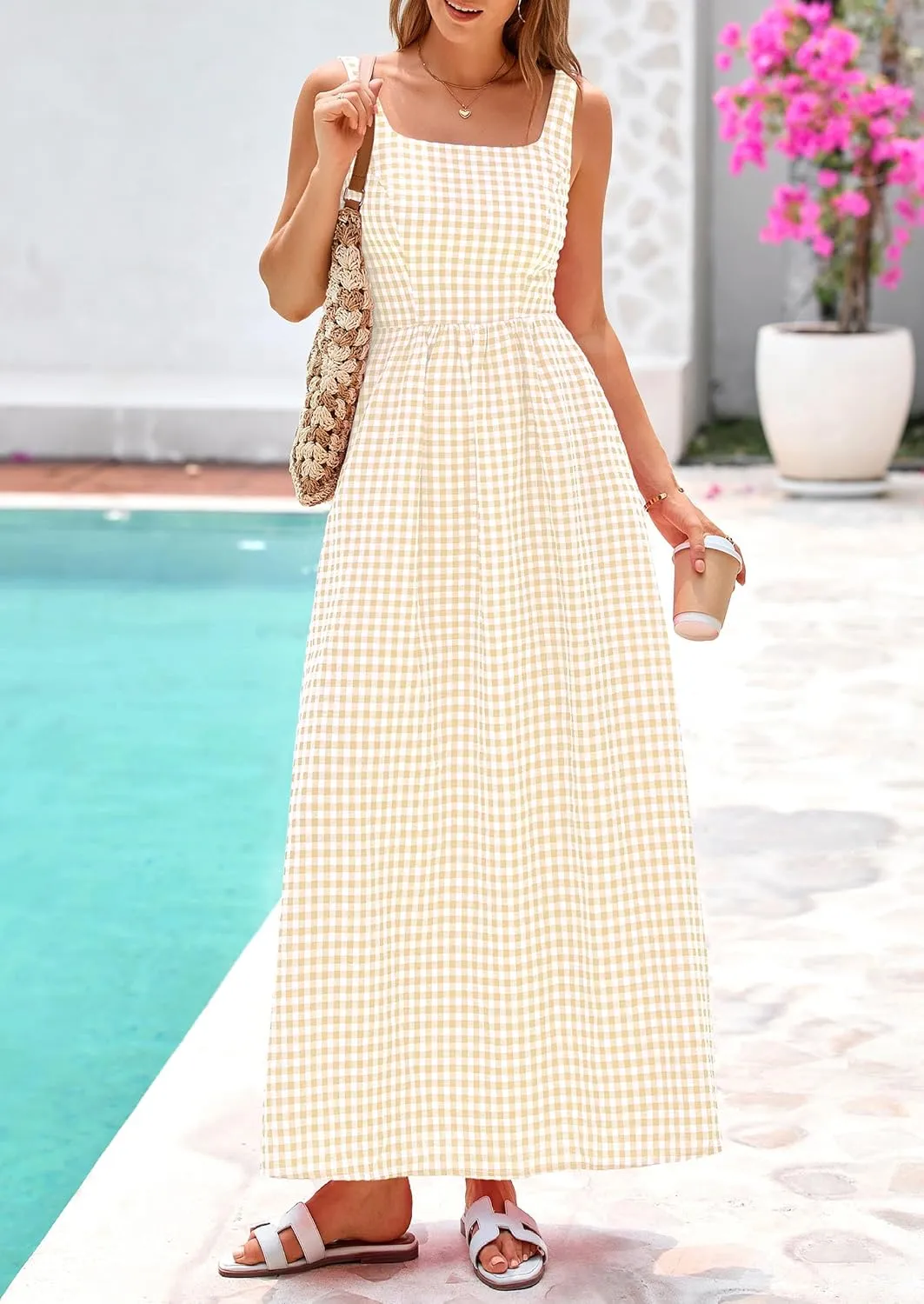 PRETTYGARDEN Women's 2025 Summer Spaghetti Strap Maxi Dresses Plaid Square Neck A Line Casual Beach Vacation Long Sundress