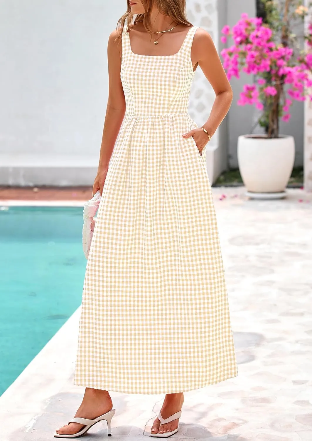 PRETTYGARDEN Women's 2025 Summer Spaghetti Strap Maxi Dresses Plaid Square Neck A Line Casual Beach Vacation Long Sundress