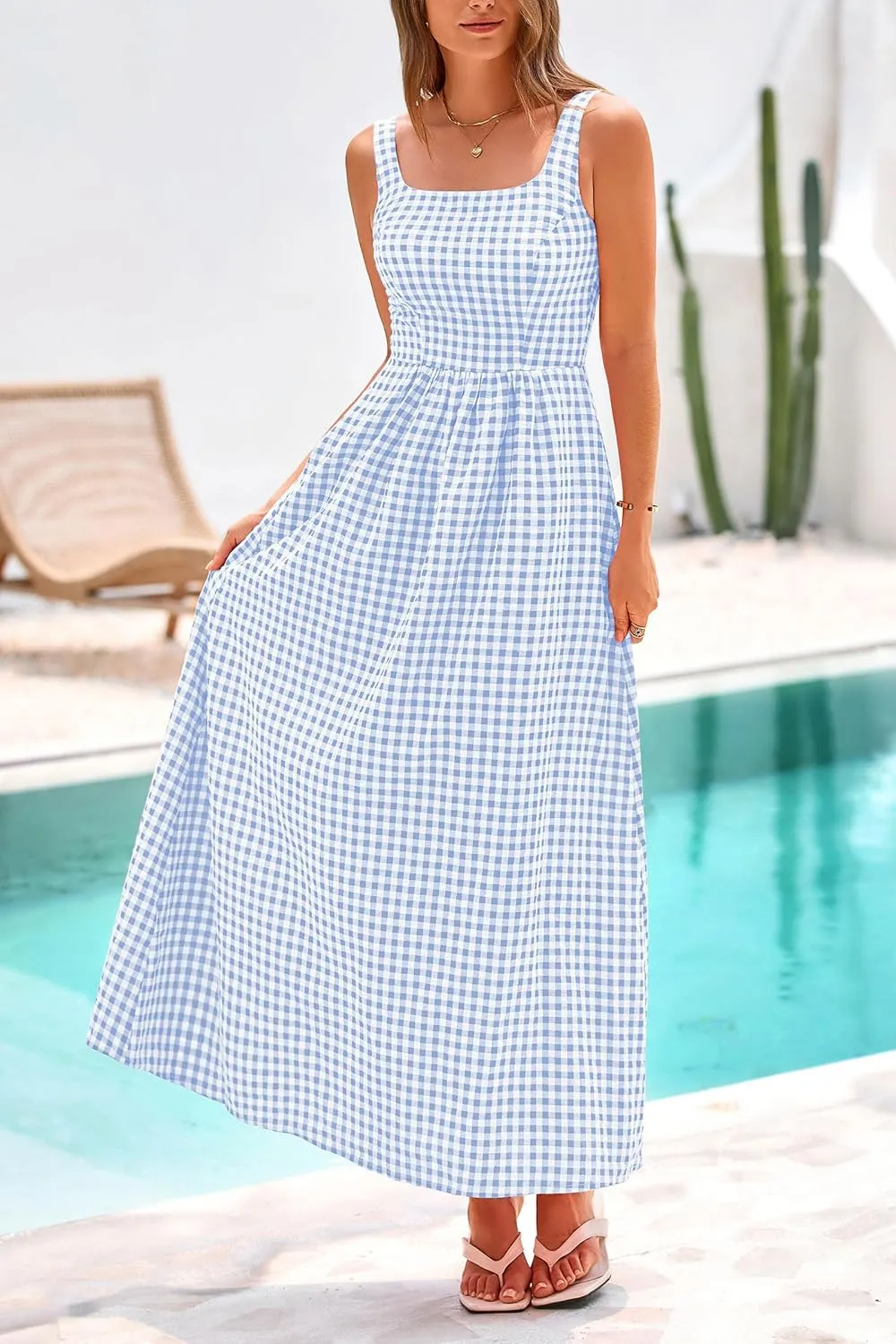 PRETTYGARDEN Women's 2025 Summer Spaghetti Strap Maxi Dresses Plaid Square Neck A Line Casual Beach Vacation Long Sundress
