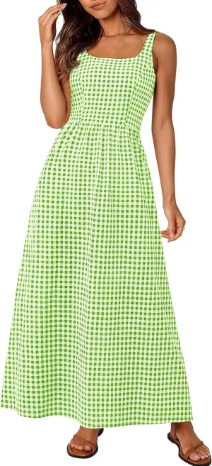 PRETTYGARDEN Women's 2025 Summer Spaghetti Strap Maxi Dresses Plaid Square Neck A Line Casual Beach Vacation Long Sundress