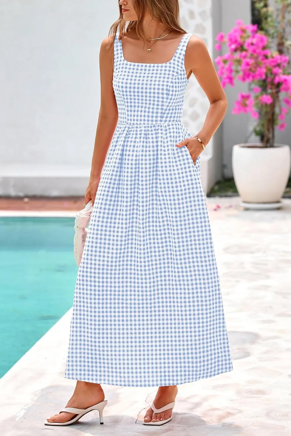 PRETTYGARDEN Women's 2025 Summer Spaghetti Strap Maxi Dresses Plaid Square Neck A Line Casual Beach Vacation Long Sundress