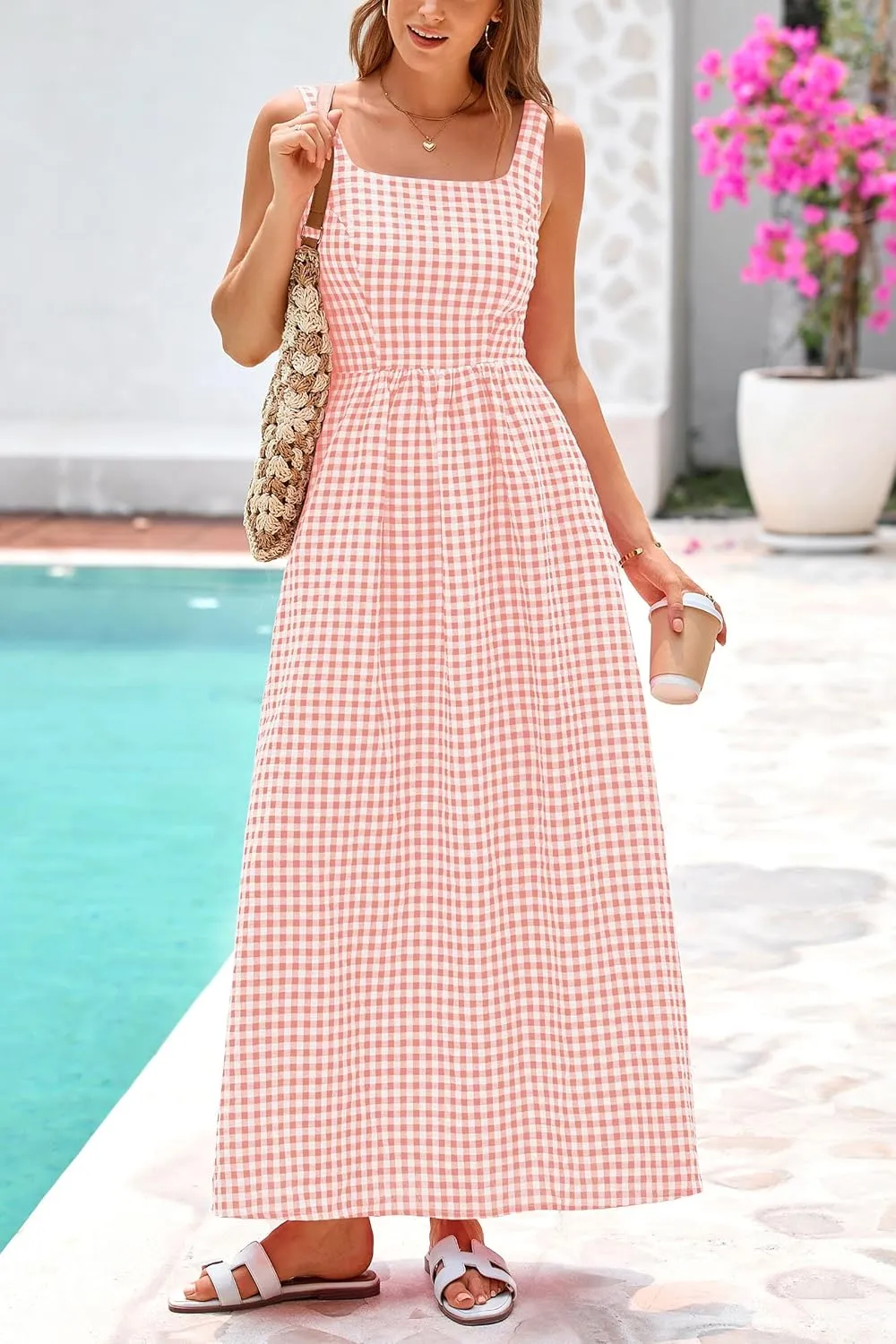 PRETTYGARDEN Women's 2025 Summer Spaghetti Strap Maxi Dresses Plaid Square Neck A Line Casual Beach Vacation Long Sundress