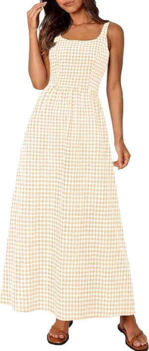 PRETTYGARDEN Women's 2025 Summer Spaghetti Strap Maxi Dresses Plaid Square Neck A Line Casual Beach Vacation Long Sundress