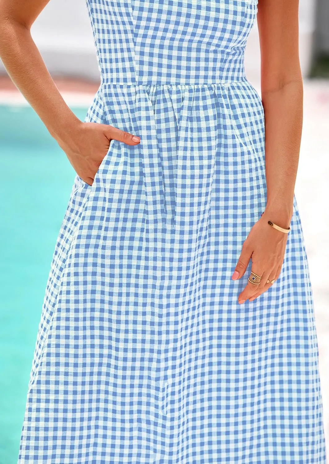 PRETTYGARDEN Women's 2025 Summer Spaghetti Strap Maxi Dresses Plaid Square Neck A Line Casual Beach Vacation Long Sundress