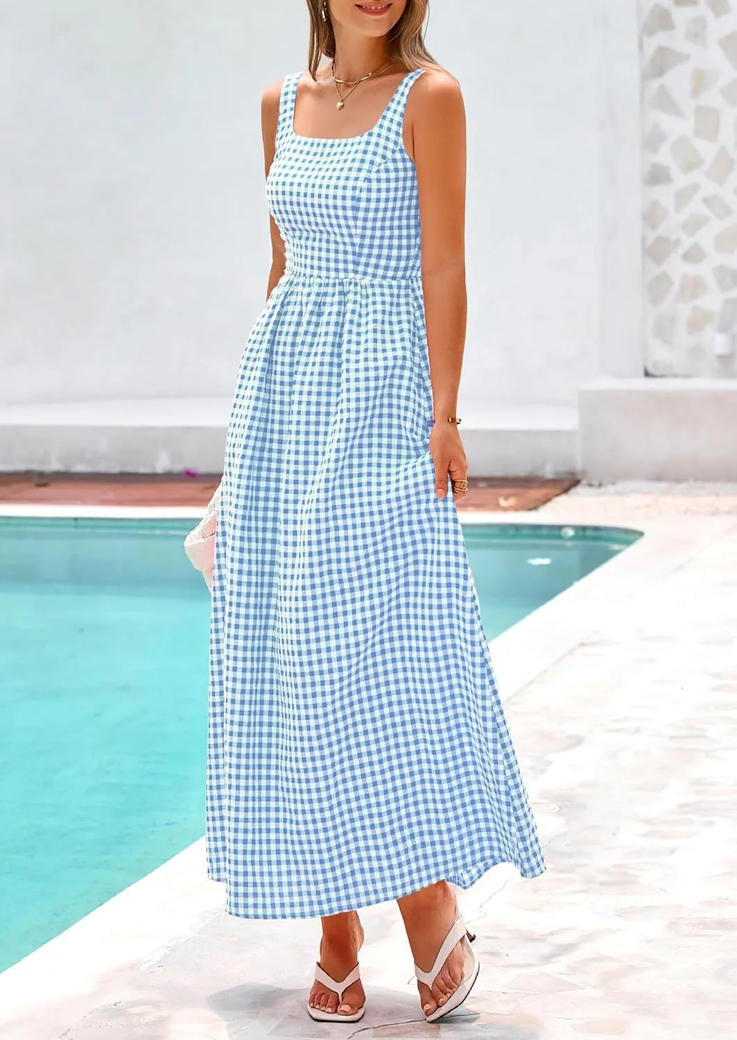 PRETTYGARDEN Women's 2025 Summer Spaghetti Strap Maxi Dresses Plaid Square Neck A Line Casual Beach Vacation Long Sundress