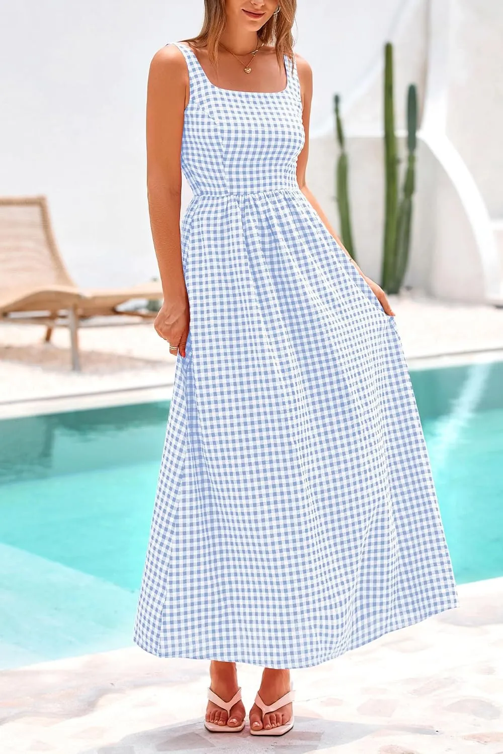PRETTYGARDEN Women's 2025 Summer Spaghetti Strap Maxi Dresses Plaid Square Neck A Line Casual Beach Vacation Long Sundress